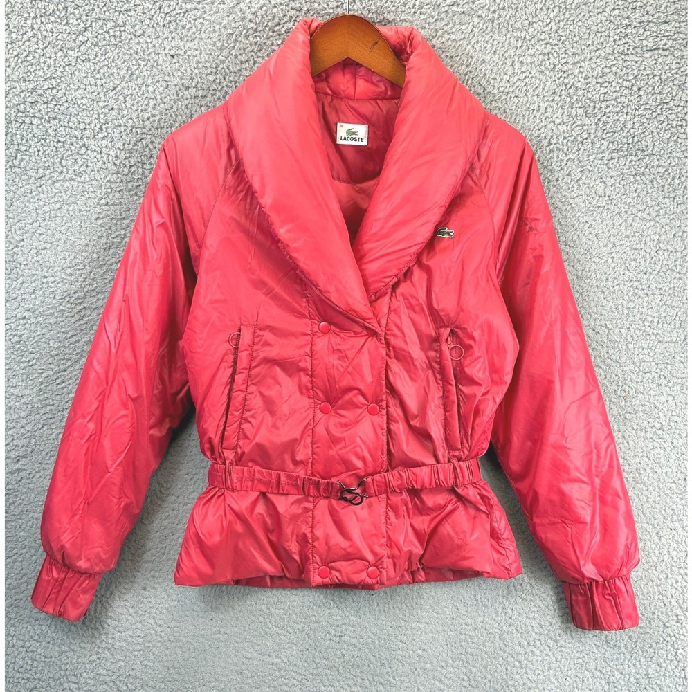 Lacoste Puffer Jacket Belted Womens 6 Red Quilted Shawl Collar Outerwear